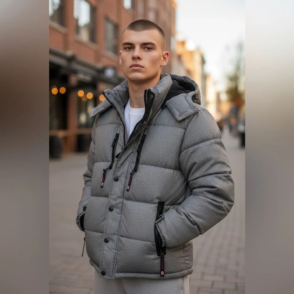Canada Weather Gear heavyweight puffer‎ jacket in gray heather with black trim.